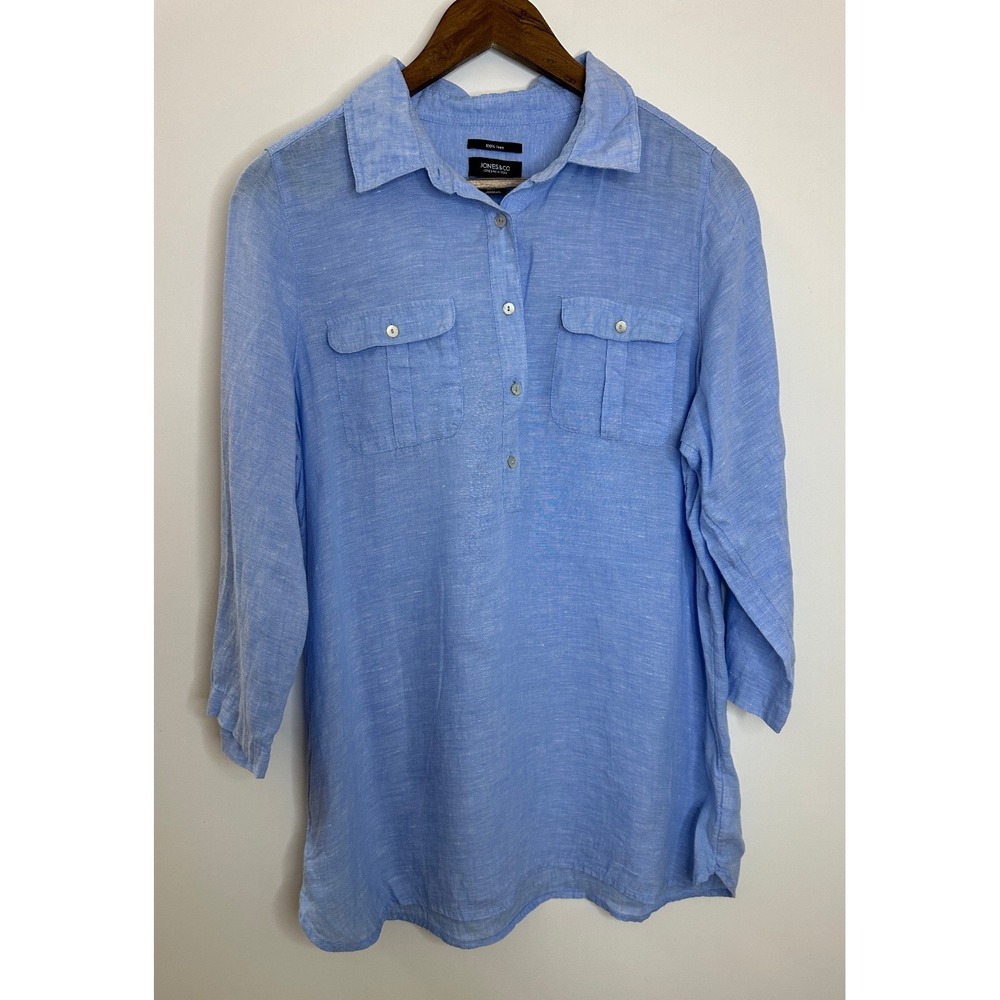 Jones & Co. 100% Linen Half Button Shirt Blue Top Large Resort Coastal *Flawed - Picture 12 of 12